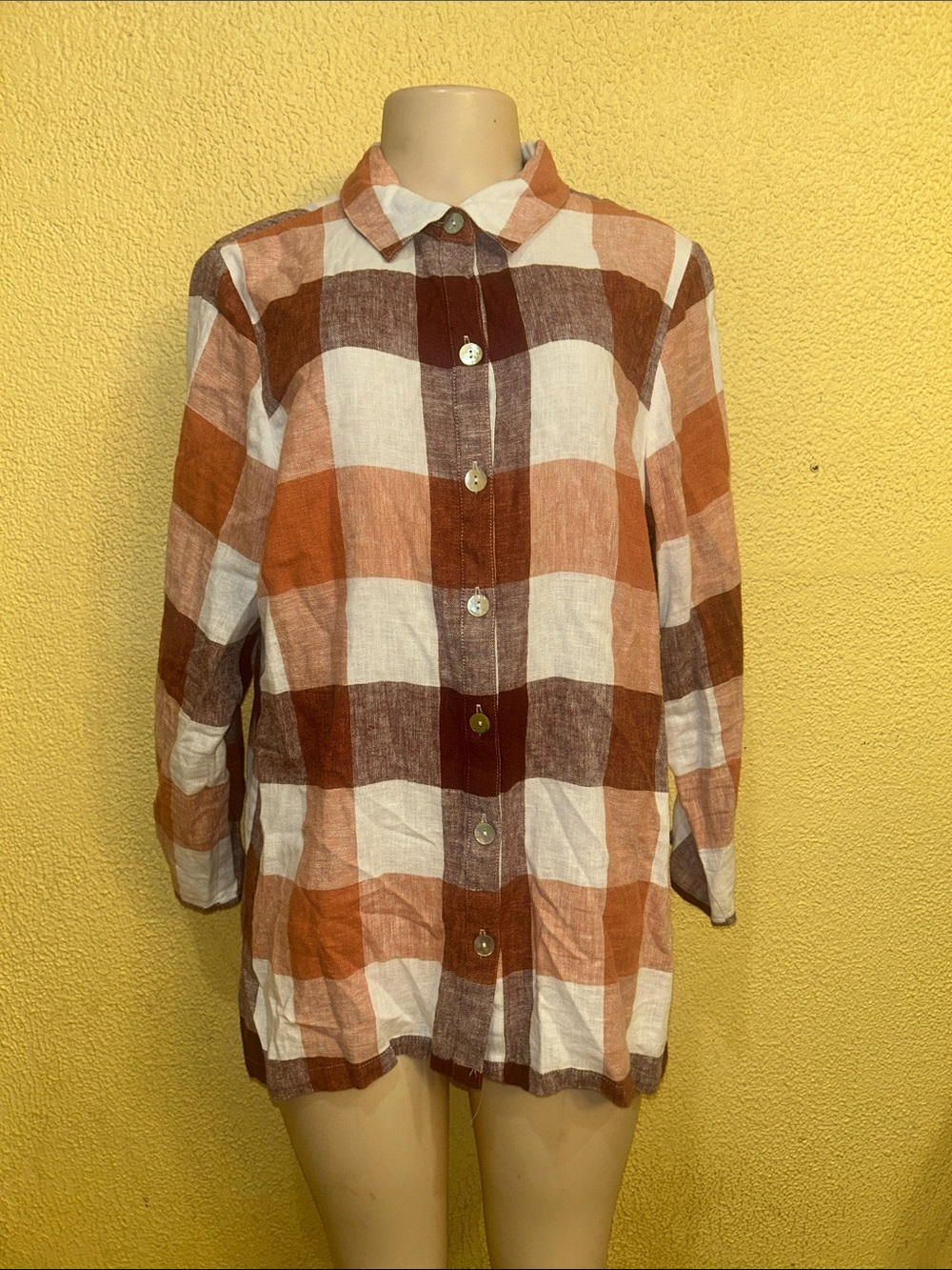 Soft Surroundings Rust, Brown and White Plaid Button-Up Blouse
